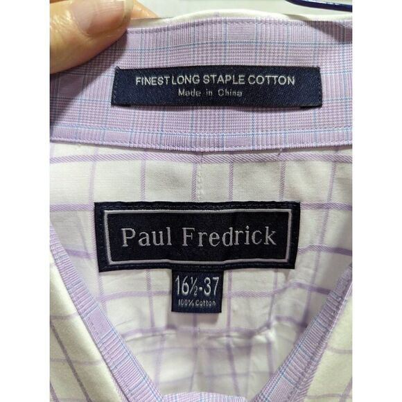 Paul Fredrick Men's White & Lavender Window Pane Print Button-Down Shirt Size 16 - Picture 2 of 5